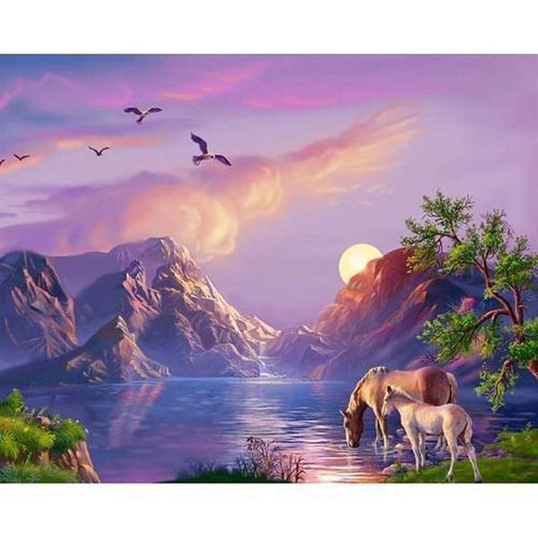 Chevaux au bord du lac  Diamond painting – Happy Diamond Painting France